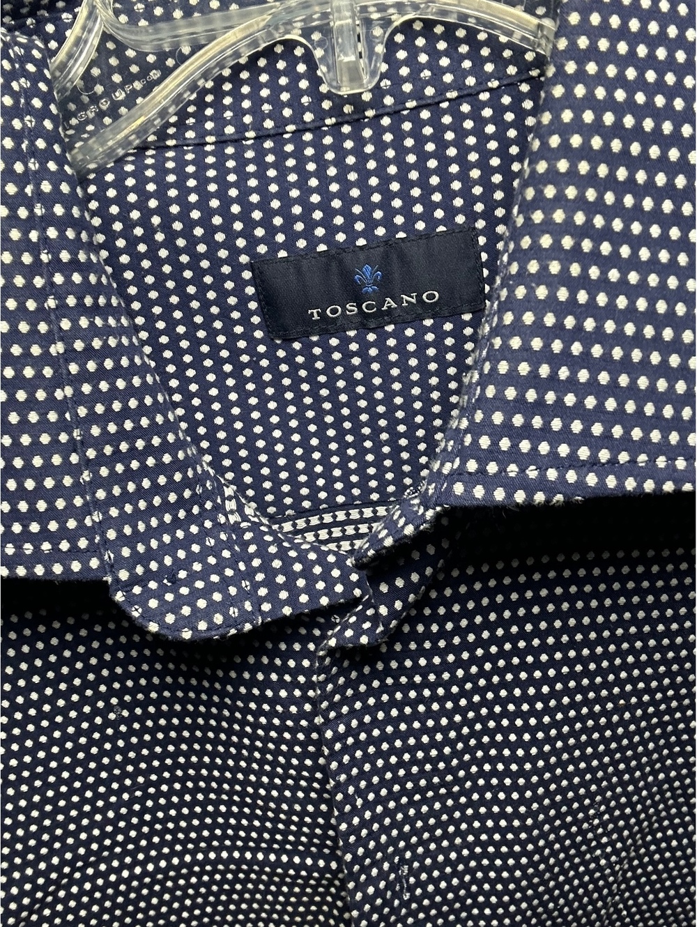 Toscano Men's Navy Blue and White Polka Dot Dress Shirt